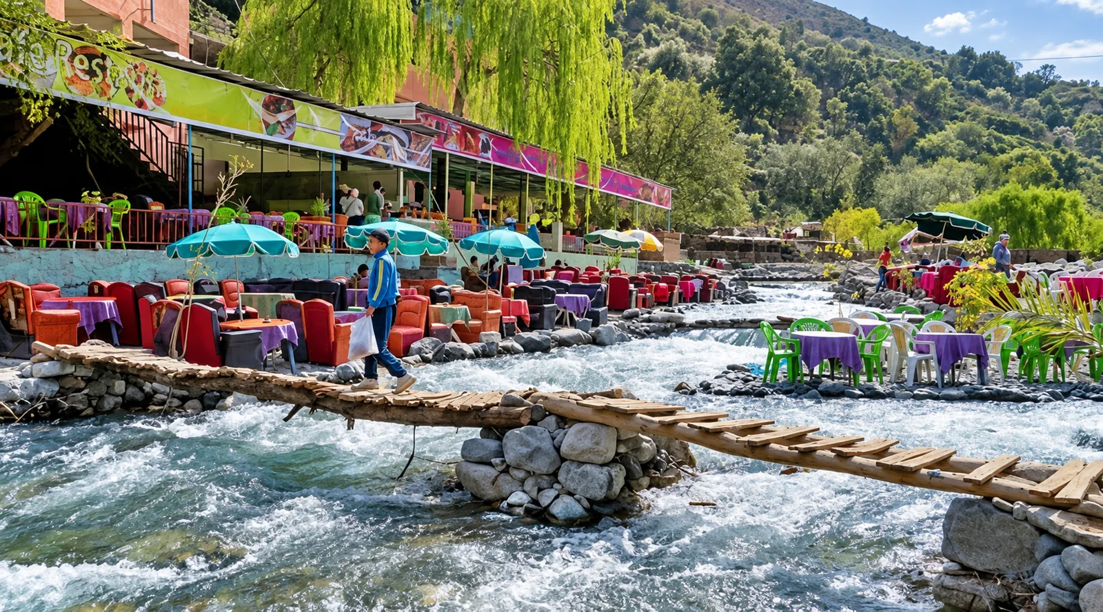 Riverside cafes and a wooden footbridge over the river in Ourika Valley